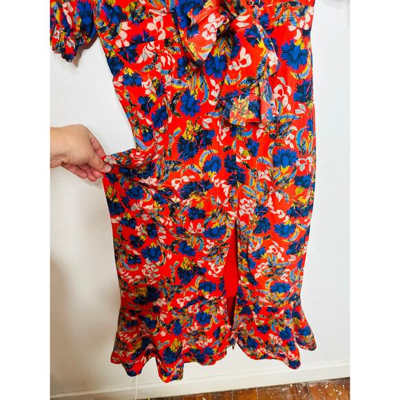 SALONI Red Floral Flame Azalea Olivia Tie-Waist 100% Silk Ruched Ruffles Dress 6 - Picture 9 of 16